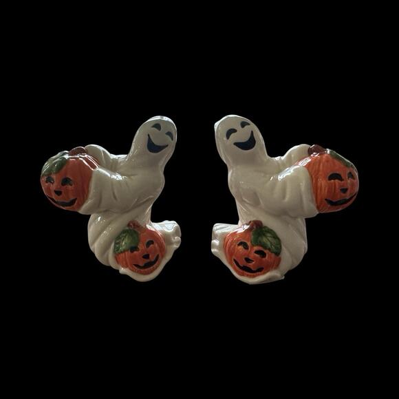 Halloween Fall Pumpkin Ghost Candlestick Holders Pair of 1996 Fitz & Floyd - Picture 1 of 9